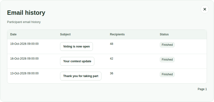 Gallery email history with three example participant mailings, recipient counts and statuses.