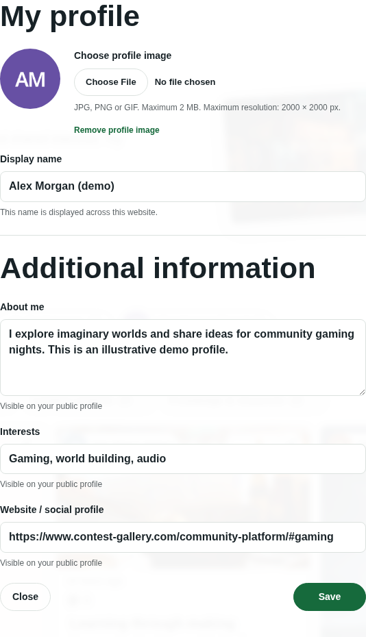 Member profile editor with an image, display name, introduction, interests and public website link.