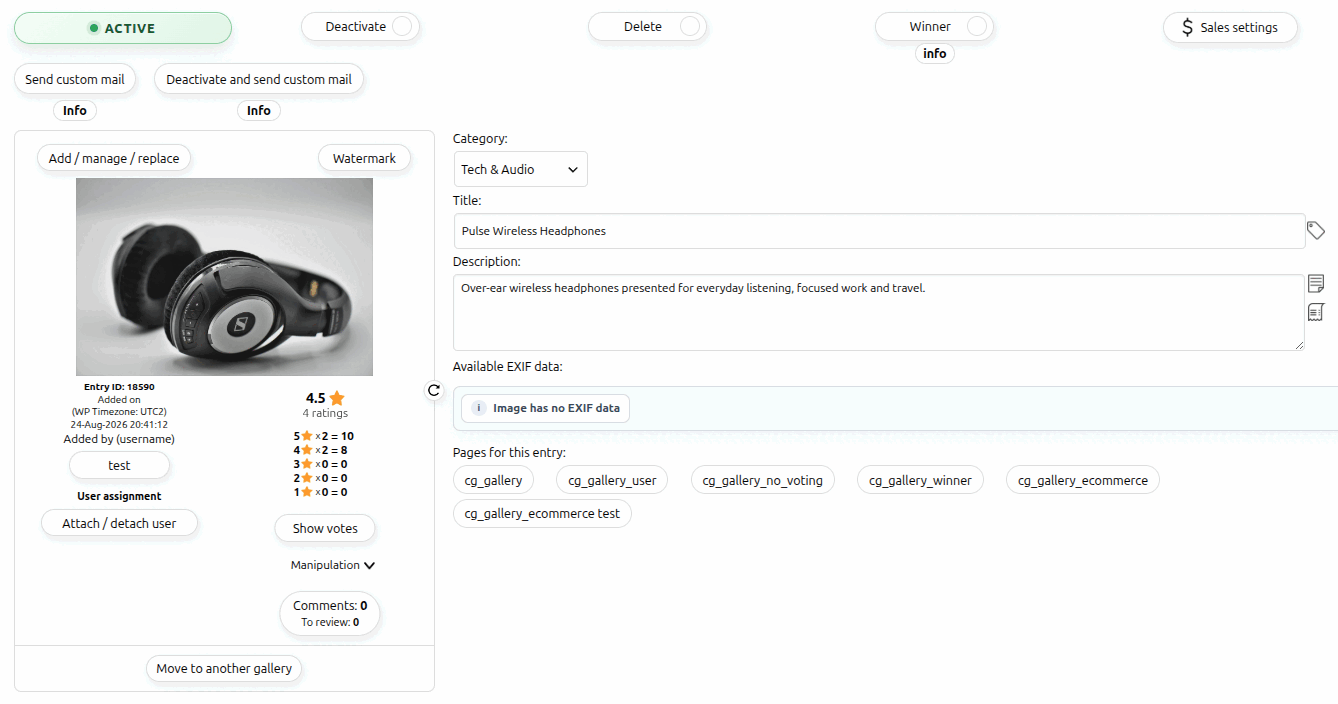 Contest Gallery backend entry management with activation, winner, ratings, comments, category and entry details