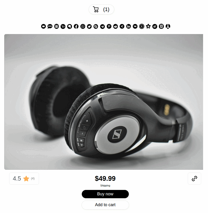 Contest Gallery ecommerce product view with average rating, price, shipping, Buy now and Add to cart actions