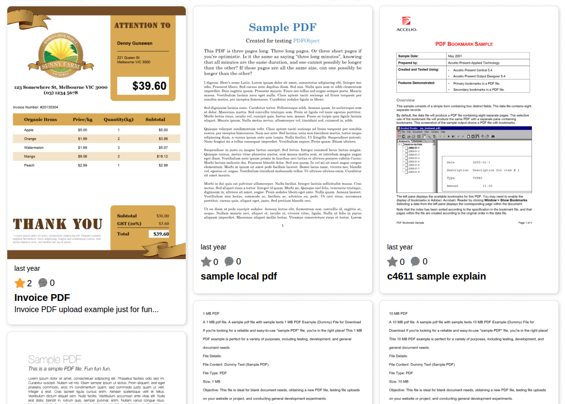 Contest Gallery document gallery displaying several PDF previews with titles, ratings and comments