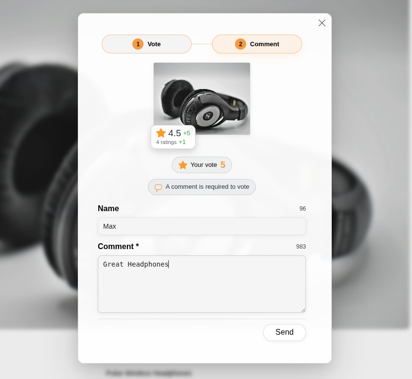 Contest Gallery vote and comment dialog with a five-star average rating and a required comment