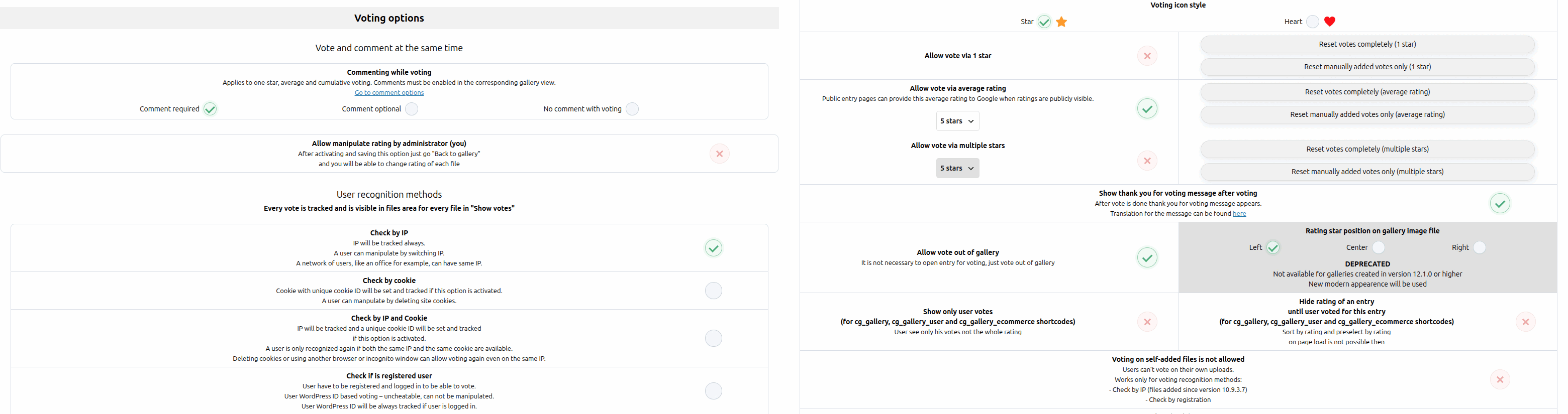 Contest Gallery voting options for comments, rating types and voter recognition shown side by side
